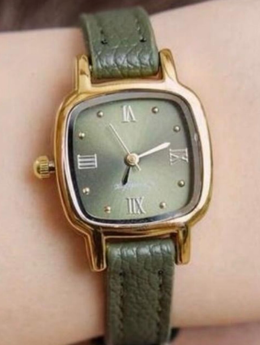 Olive Green Leather Strap Watch
